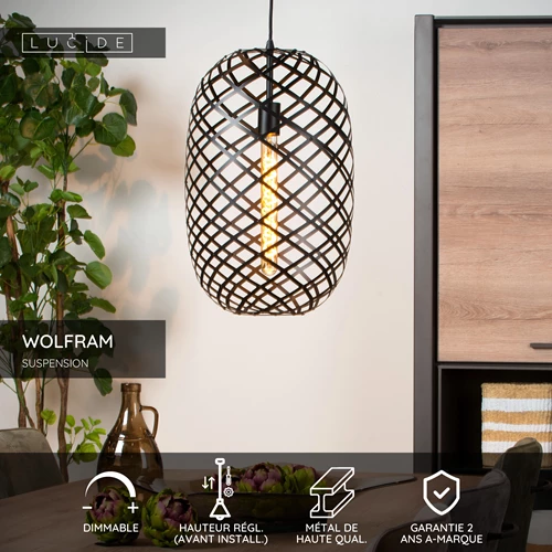 Lucide WOLFRAM - Suspension - Ø 32 cm - 1xE27 - Noir - USP